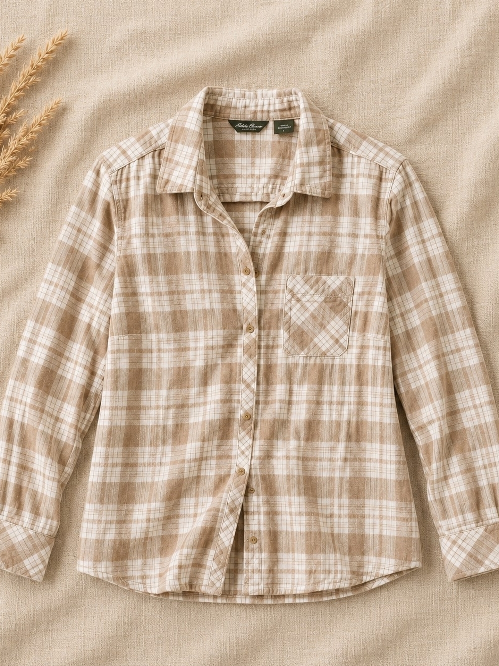 Eddie Bauer Beige & Cream Plaid Button-Down Shirt L